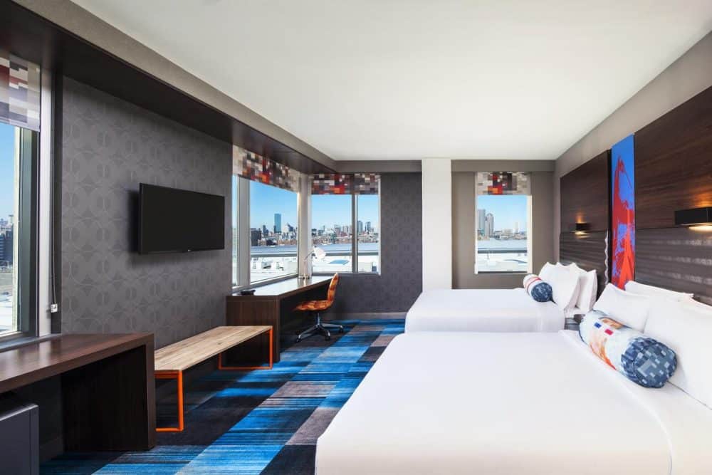 A bedroom view inside Aloft Boston Seaport District hotel in Boston